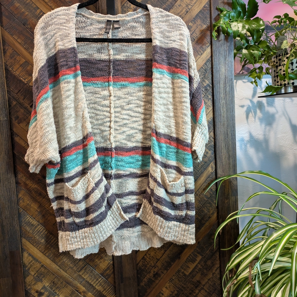 Full Tilt Striped Cardigan in Cream, Brown, and Teal